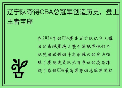 辽宁队夺得CBA总冠军创造历史，登上王者宝座